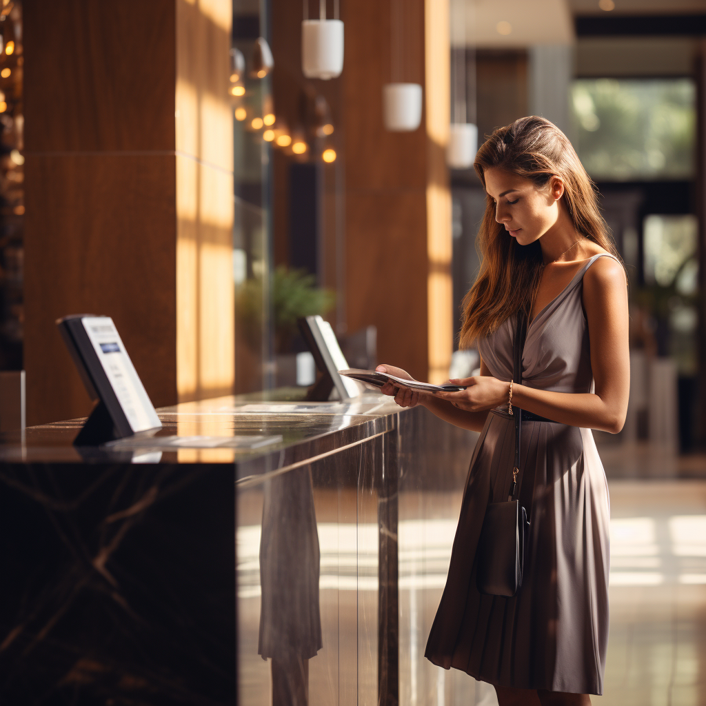 An image of a woman checking into a very modern and resort-like hotel. She exudes a sense of freedom and excitement, ready to embark on her travel adventures.